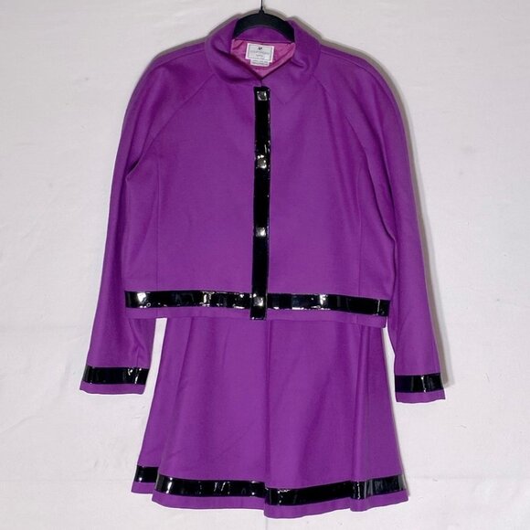 Vintage Courrèges Paris Purple Wool Skirt Blazer Set With Patent Leather Trim 44 - Picture 1 of 16